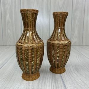 Vintage Wicker Rattan Vase Boho MCM Garden Candlestick Wrapped Woven Gold Accent